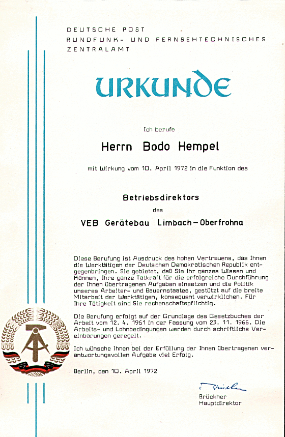 Ernennungsurkunde B. Hempel 1972